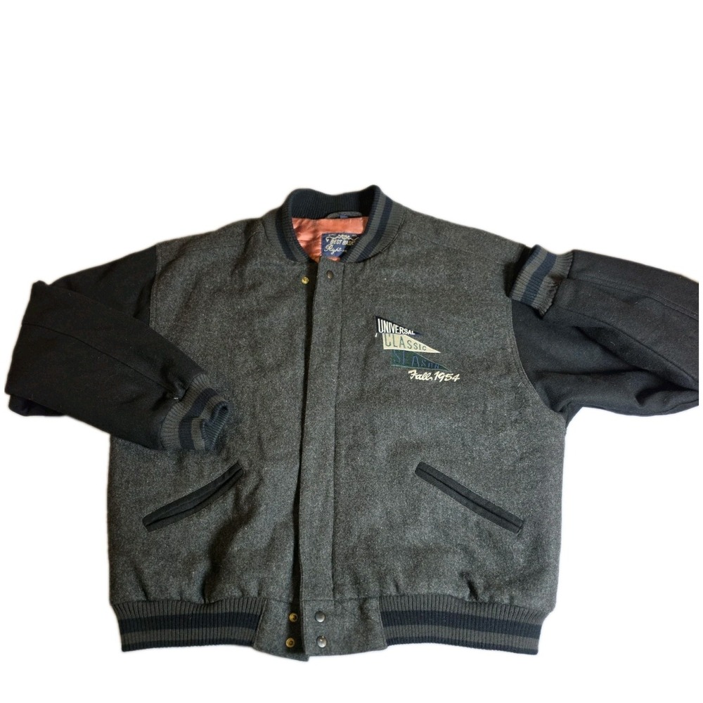 Gap Mens L Gray Bomber Varsity Jacket Full Zip Button Lined Embroidered Patch